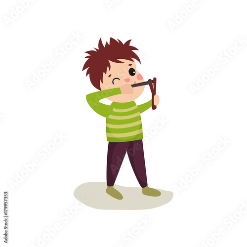 Little hellion boy sighting to shoot from slingshot, child bad behavior concept