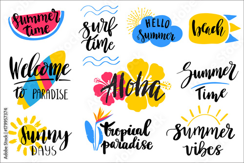 Set of hand drawn summer theme phrases. Modern lettering quotes.