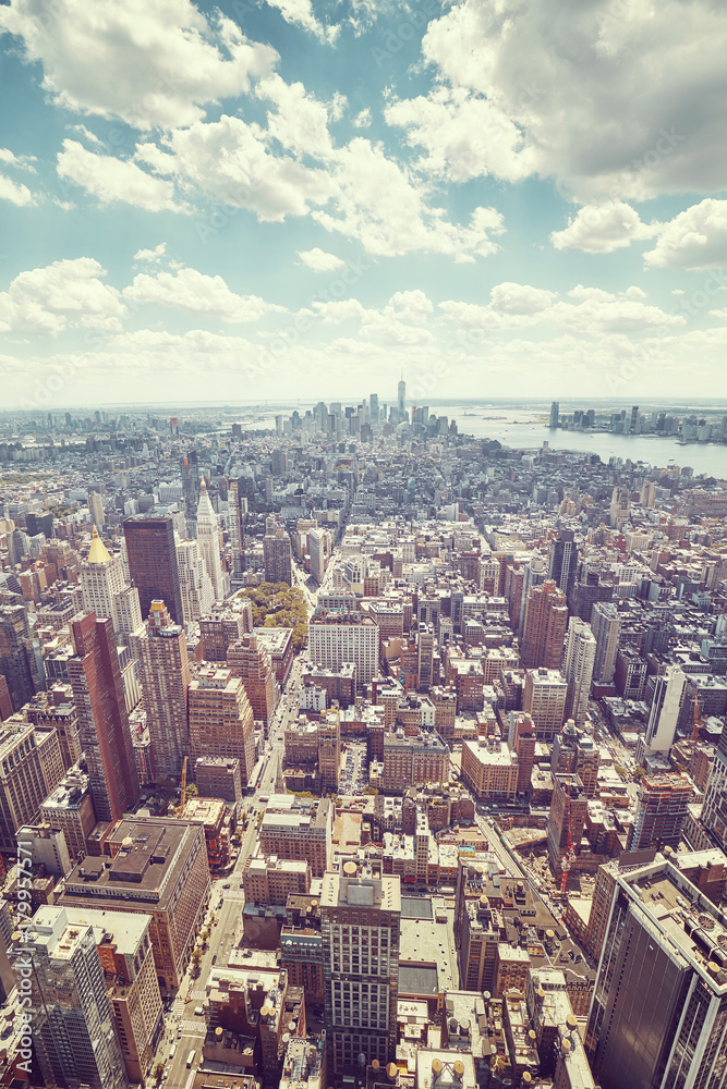 Vintage toned wide angle aerial picture of New York City Manhattan skyline, USA.