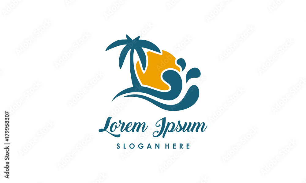 Summer Holidays Sunrise with Palms and wave Logo Design Summer Holidays Sunrise with Palms and wave Logo Design