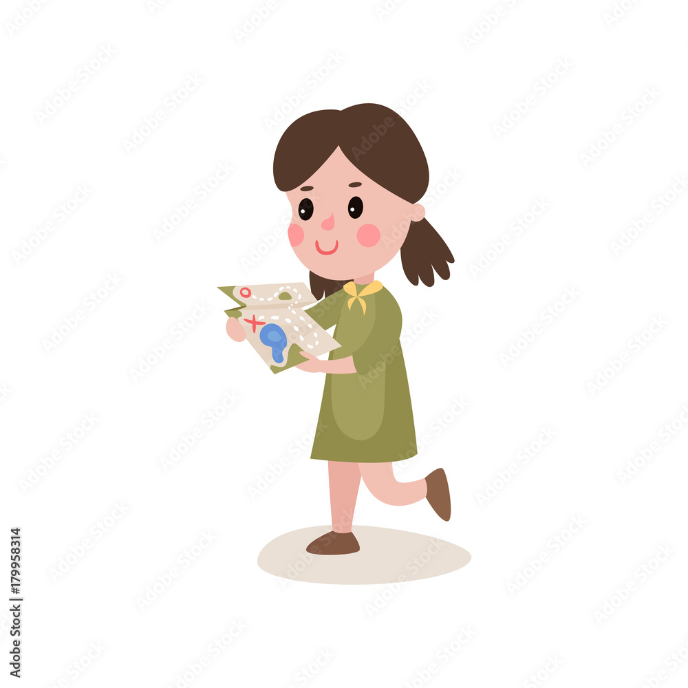 Girl scout running to finish point specified on route map, summer camp activities Girl scout running to finish point specified on route map, summer camp activities