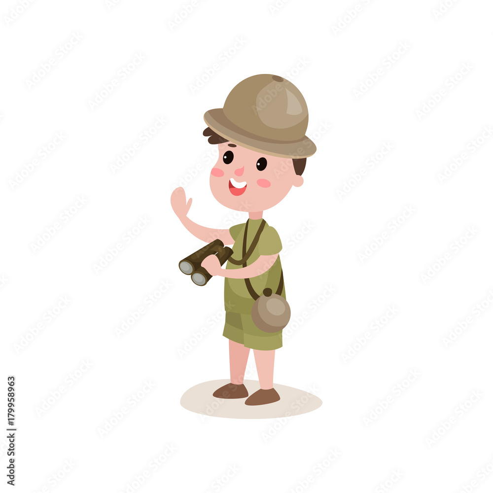 Smiling cartoon boy scout character standing with binoculars in hand