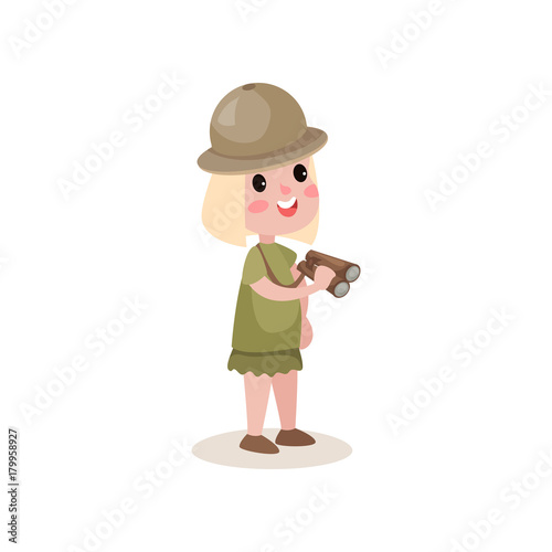 Flat little girl scout character holding binoculars in hands, summer camp activities