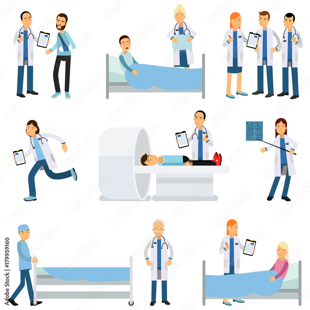 Flat vector characters set of medical workers and sick people in different situations Flat vector characters set of medical workers and sick people in different situations