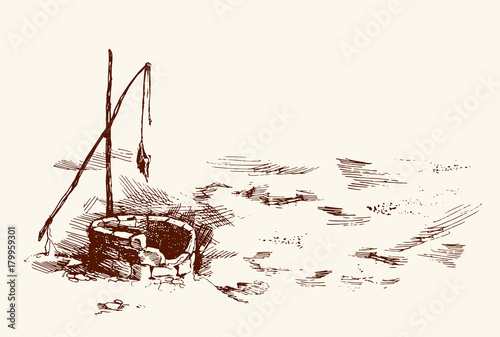 Man and camels at withered well in desert. Vector drawing