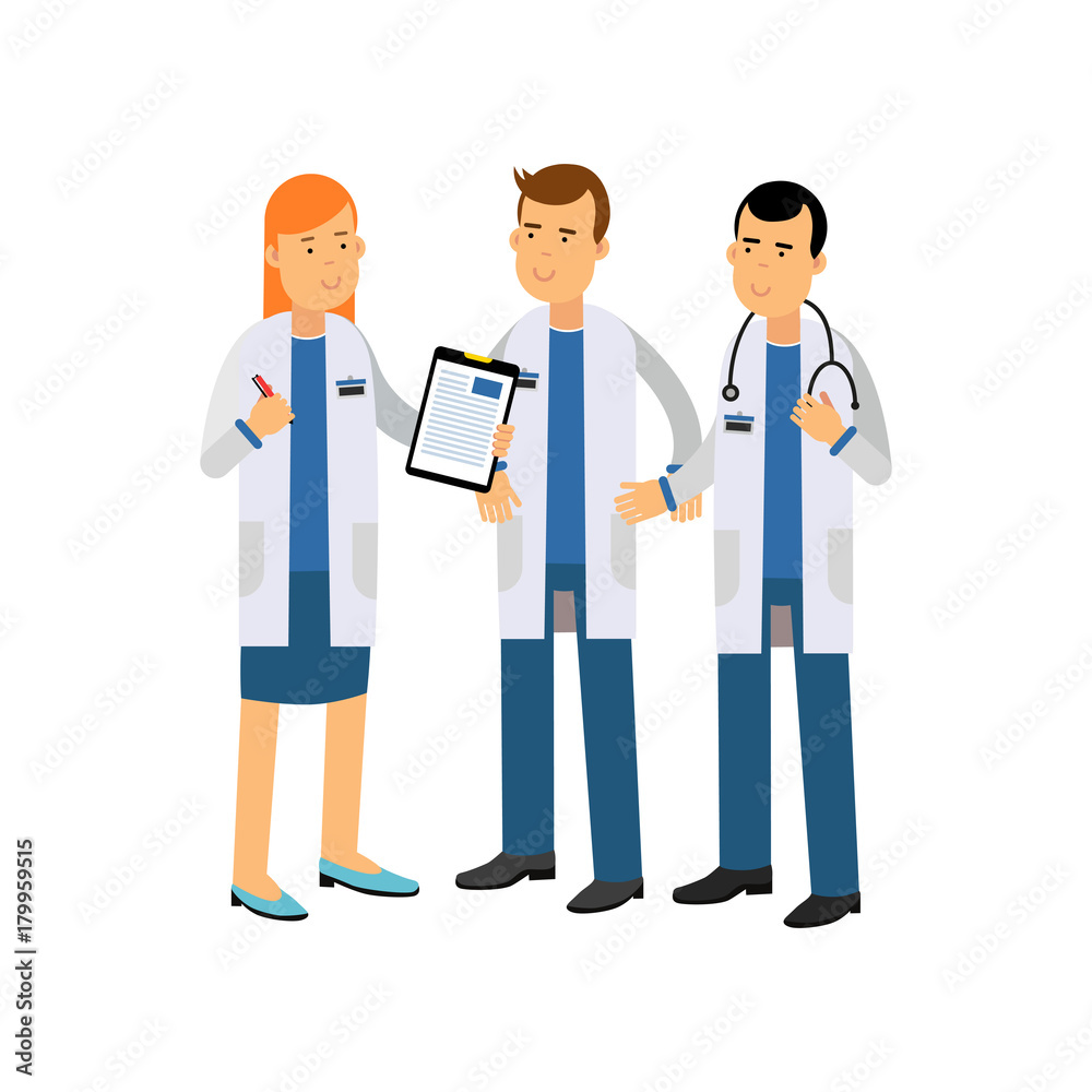 Cartoon characters of three doctors in white coats and equipment standing isolated on white