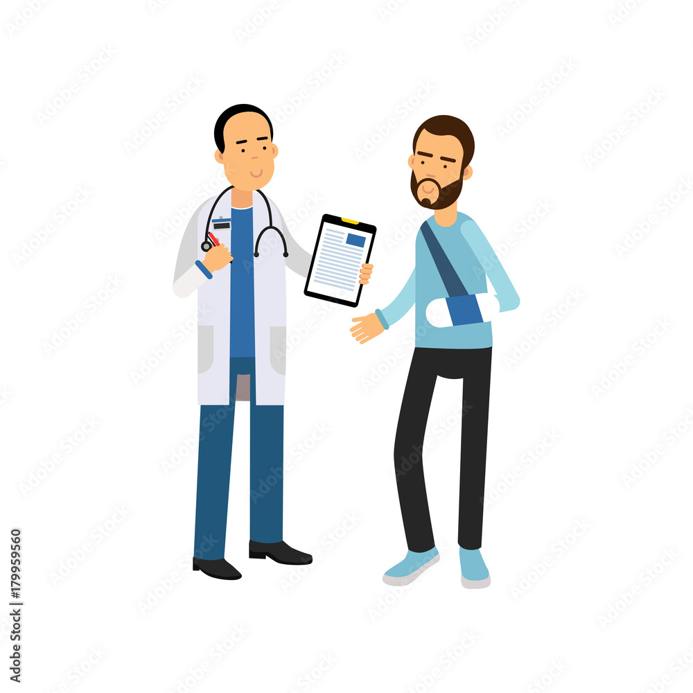 Bearded man with broken arm visiting traumatologist doctor cabinet in hospital. Cartoon flat illustration Bearded man with broken arm visiting traumatologist doctor cabinet in hospital. Cartoon flat illustration
