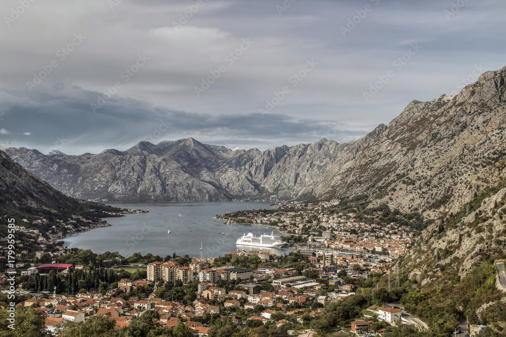 Montenegro - Panoramic view of the city of Kotor and the bay of a same name