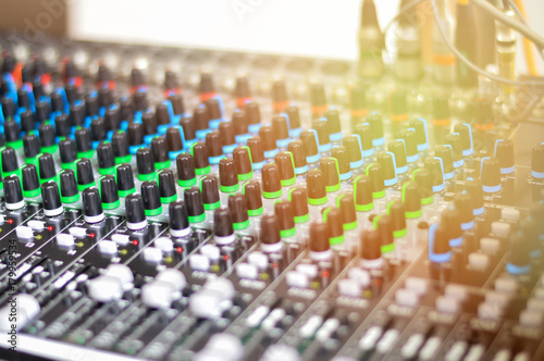 Close up of mixer control for sound effects and controller selective focus vintage style.