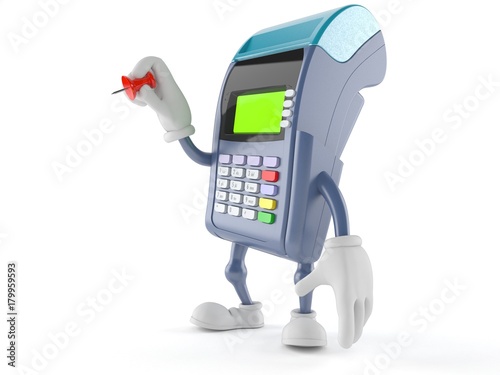 Credit card reader character holding thumbtack