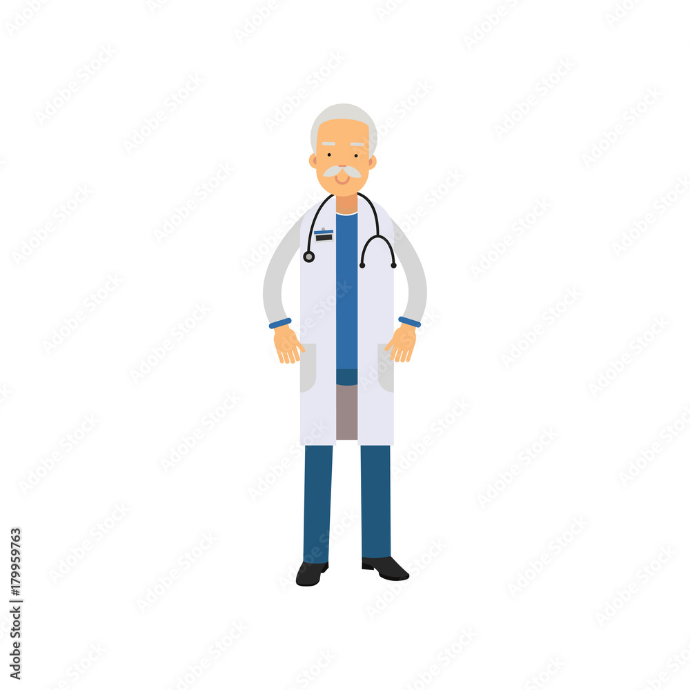 Old man doctor in uniform and stethoscope around his neck, standing isolated on white background Old man doctor in uniform and stethoscope around his neck, standing isolated on white background