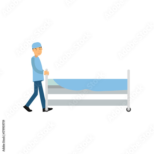 Cartoon medical orderly in blue uniform pushing hospital bed by corridor