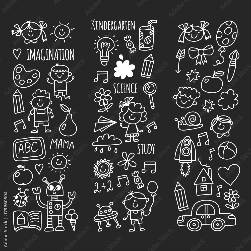 School, kindergarten. Happy children. Creativity, imagination doodle icons with kids. Play, study, grow Happy students Science and research Adventure Explore