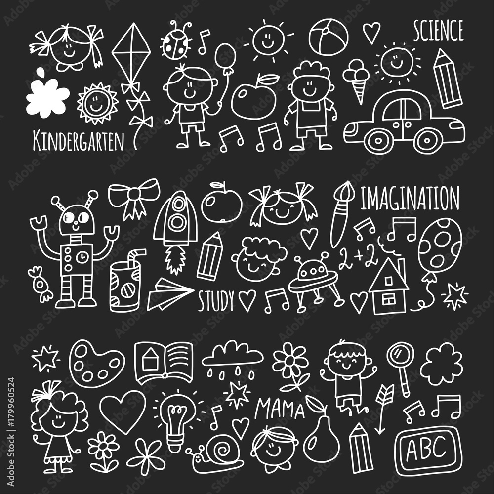 School, kindergarten. Happy children. Creativity, imagination doodle icons with kids. Play, study, grow Happy students Science and research Adventure Explore