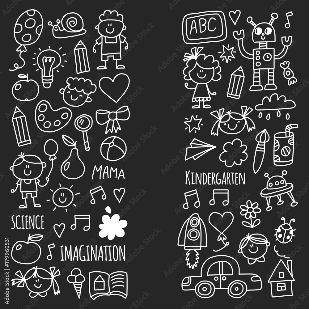 School, kindergarten. Happy children. Creativity, imagination doodle icons with kids. Play, study, grow Happy students Science and research Adventure Explore