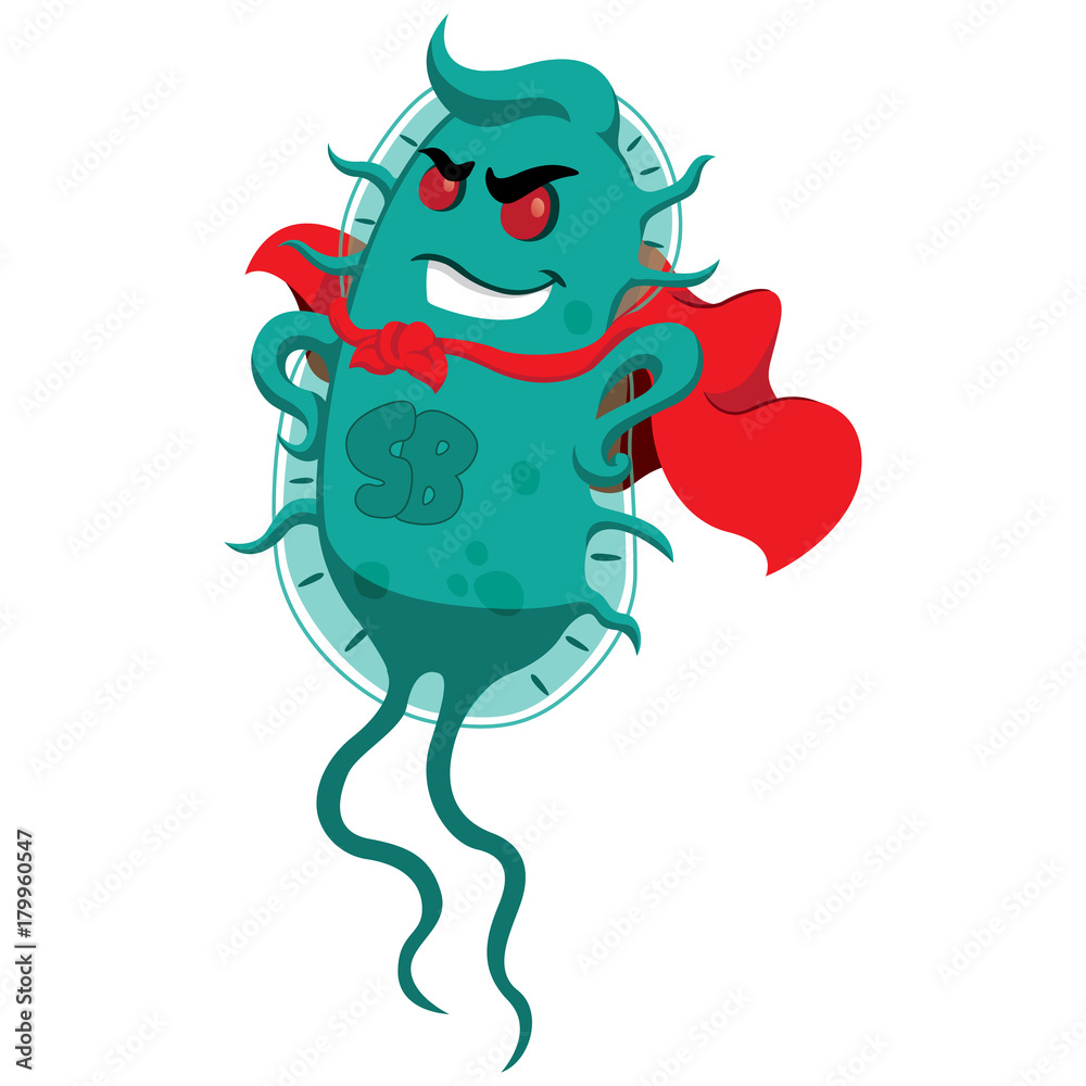 Concept of resistance to antibiotics. Creature superbug a microorganism with cover of super villain. Ideal for informational and medicinal materials on ineffective antibacterial therapy