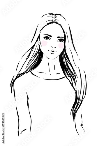 Face woman sketch, long hair. Fashion portrait, vector illustration. Black lines isolated on white background.