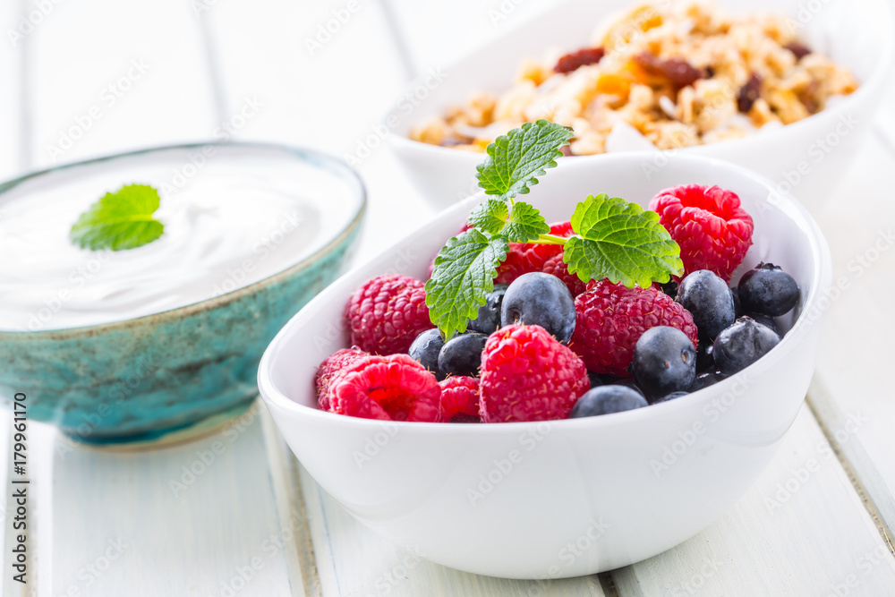 Muesli yoghurt and berries. Healthy breakfast with yogurt granola and fresh fruit Muesli yoghurt and berries. Healthy breakfast with yogurt granola and fresh fruit