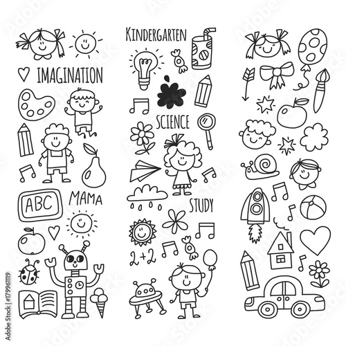 School  kindergarten. Happy children. Creativity  imagination doodle icons with kids. Play  study  grow Happy students Science and research Adventure Explore