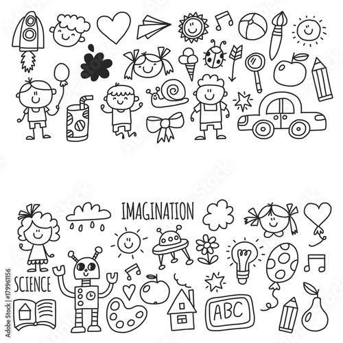 School, kindergarten. Happy children. Creativity, imagination doodle icons with kids. Play, study, grow Happy students Science and research Adventure Explore