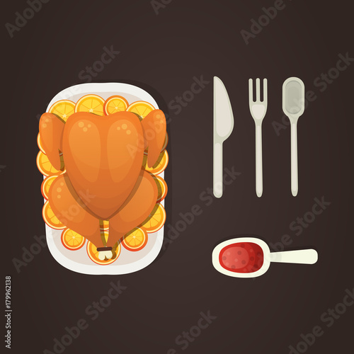 Baked turkey with orange for Thanksgiving Day in cartoon style. outumn food. photo