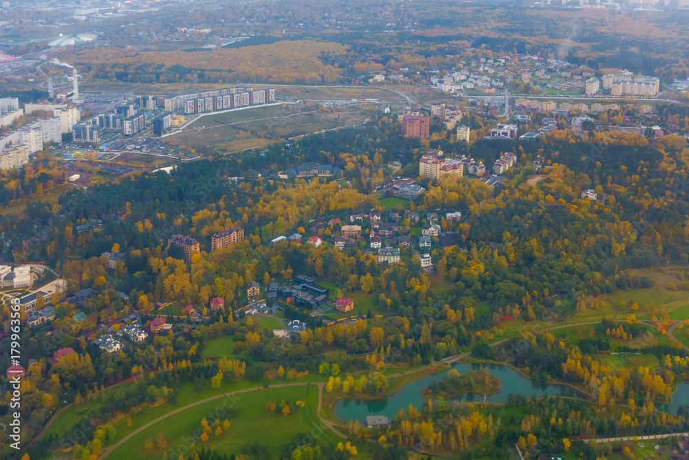 Aerial view of suburban district at fall