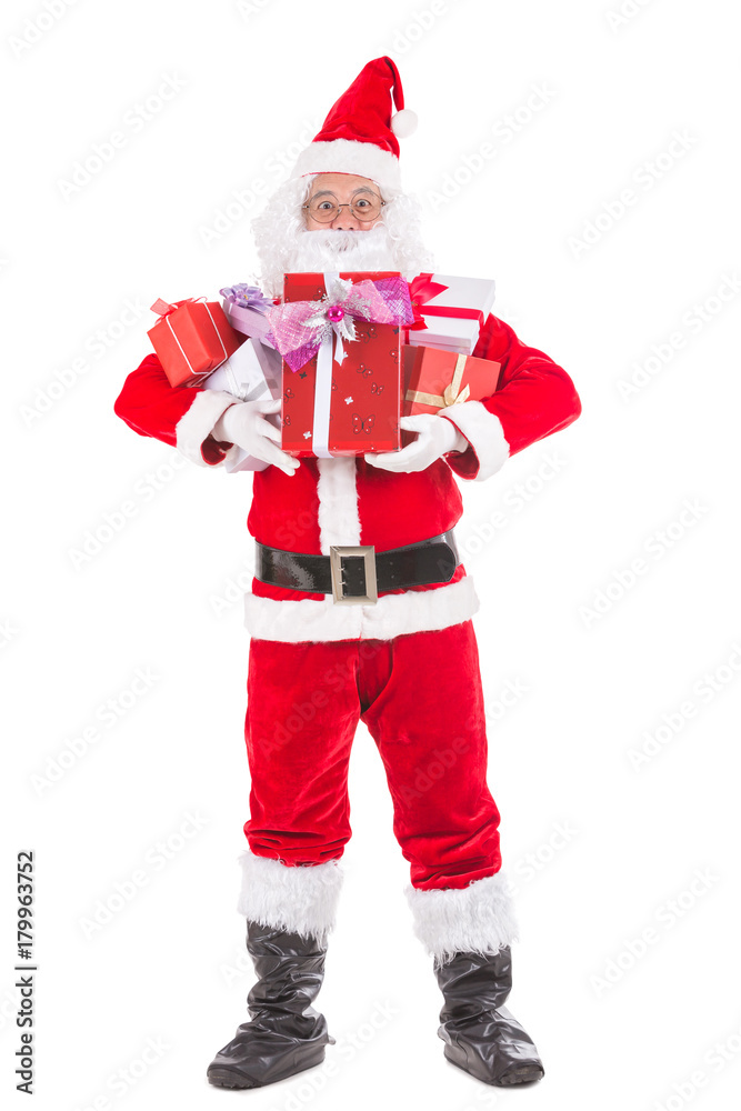 Happy merry Christmas Santa Claus pointing holding Gift Box with Isolated on white background. Happy merry Christmas Santa Claus pointing holding Gift Box with Isolated on white background.