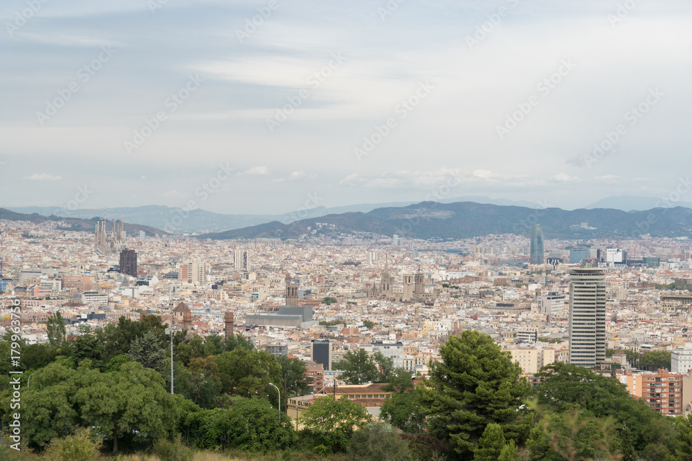 Aerial view from Montjuic of Barcelona, Spain