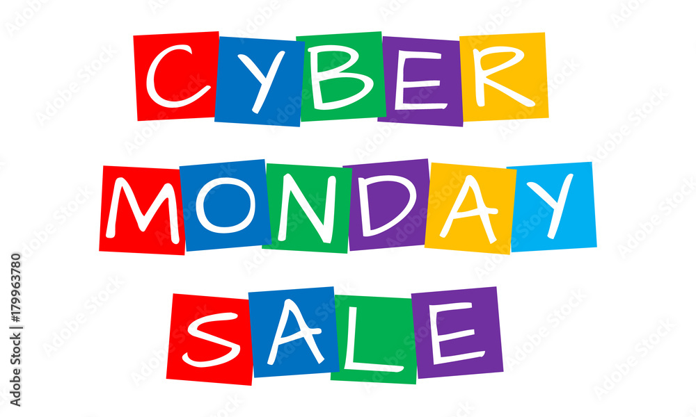 cyber monday sale, cut out vector letters in rainbow squares
