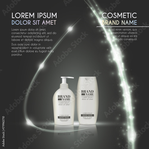 3D realistic cosmetic bottle ads template. Cosmetic brand advertising concept design with glowing sparkles and glitters abstract background