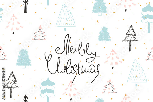 Merry christmas horizontal banner with doodle tree seamless pattern. Vector hand drawn illustration.