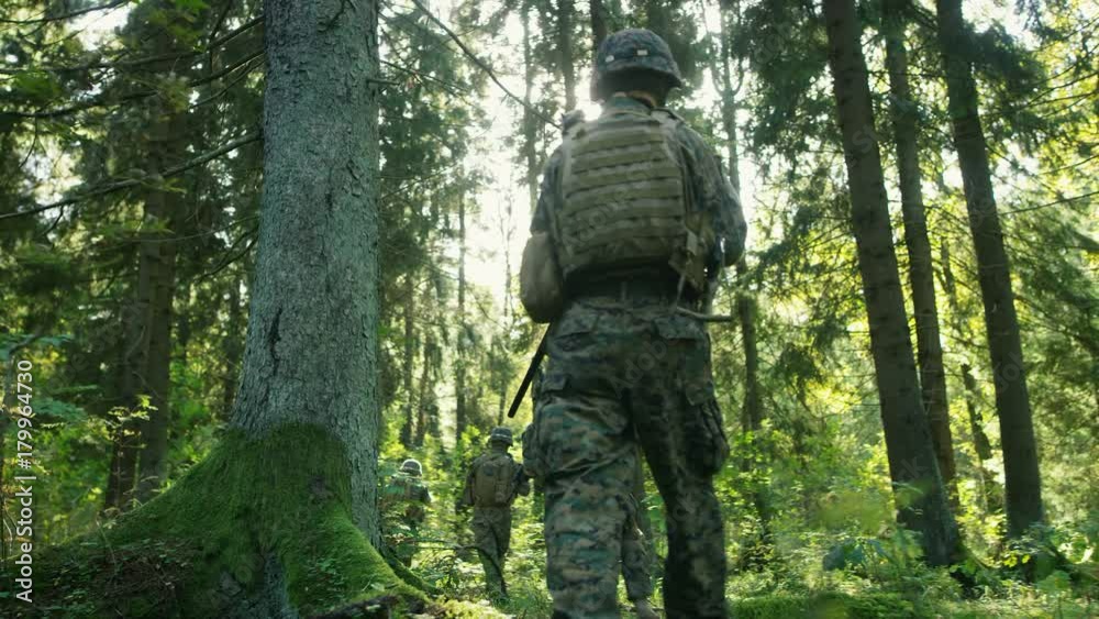 Squad of Fully Equipped Soldiers on a Reconnaissance Military Mission. They're Moving Through Dense Forest. Low Angle Following Shot. Squad of Fully Equipped Soldiers on a Reconnaissance Military Mission. They're Moving Through Dense Forest. Low Angle Following Shot.