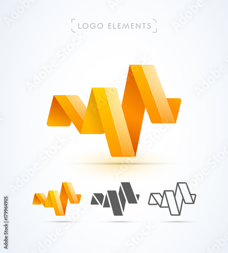 Vector abstract origami music wave logo template, ribbon. Material design, flat and line-art style