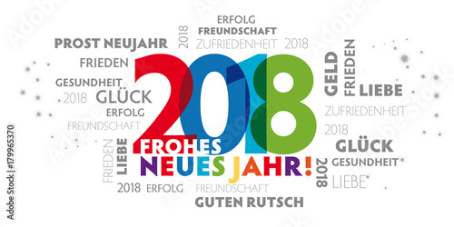 Bunter fröhlicher Neujahrsgruß 2018 mit verschiedenen Grußformeln und Wünschen