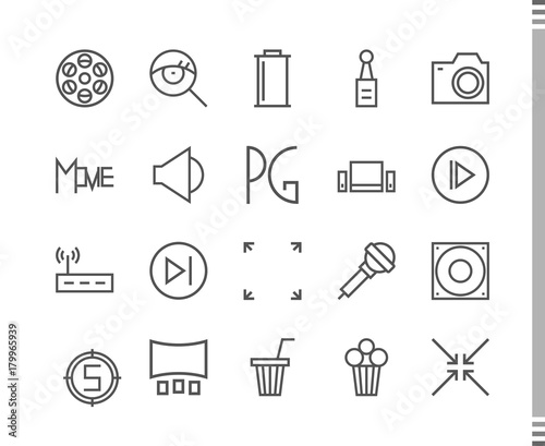 Flat vector icons with a thin line. Set for mobile applications. Cinema