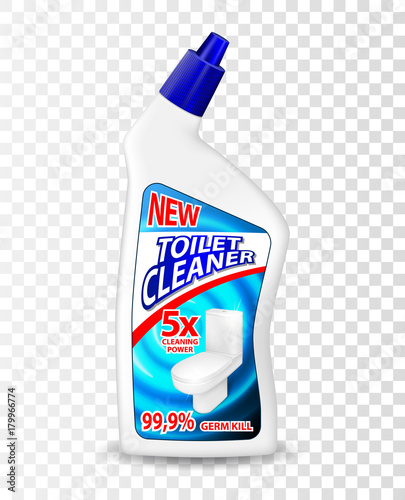 Realistic template Toilet Cleaner gel package isolated on transparent background. Powerful toilet cleaner ads, container design with liquid in Vector 3d illustration