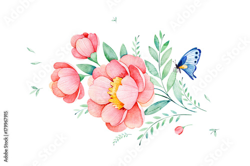 Beautiful watercolor flowers,leaves,branches and butterfly.Can be used for your project,greeting cards,wedding,Birthday cards,bouquets,wreaths,invitations,logo,patterns etc
