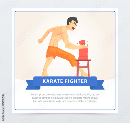 Karate man breaking bricks with hand, karate fighter banner cartoon vector element for website or mobile app