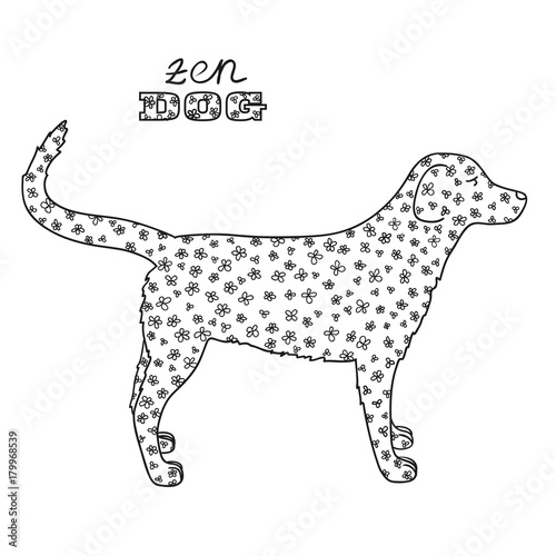 Dog. Boho style. Hand drawn dog with abstract patterns on isolation background. Design for spiritual relaxation for adults. Black and white illustration for coloring. Design Zentangle. Zen art