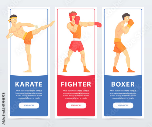 Martial arts fighters, karate, fighter, boxer banners cartoon vector elements for website or mobile app