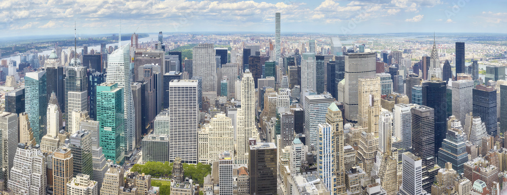 Aerial panoramic picture of New York City Manhattan skyline, USA.