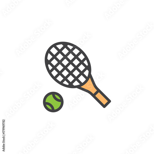 Tennis racket and ball filled outline icon, line vector sign, linear colorful pictogram isolated on white. Symbol, logo illustration. Pixel perfect vector graphics