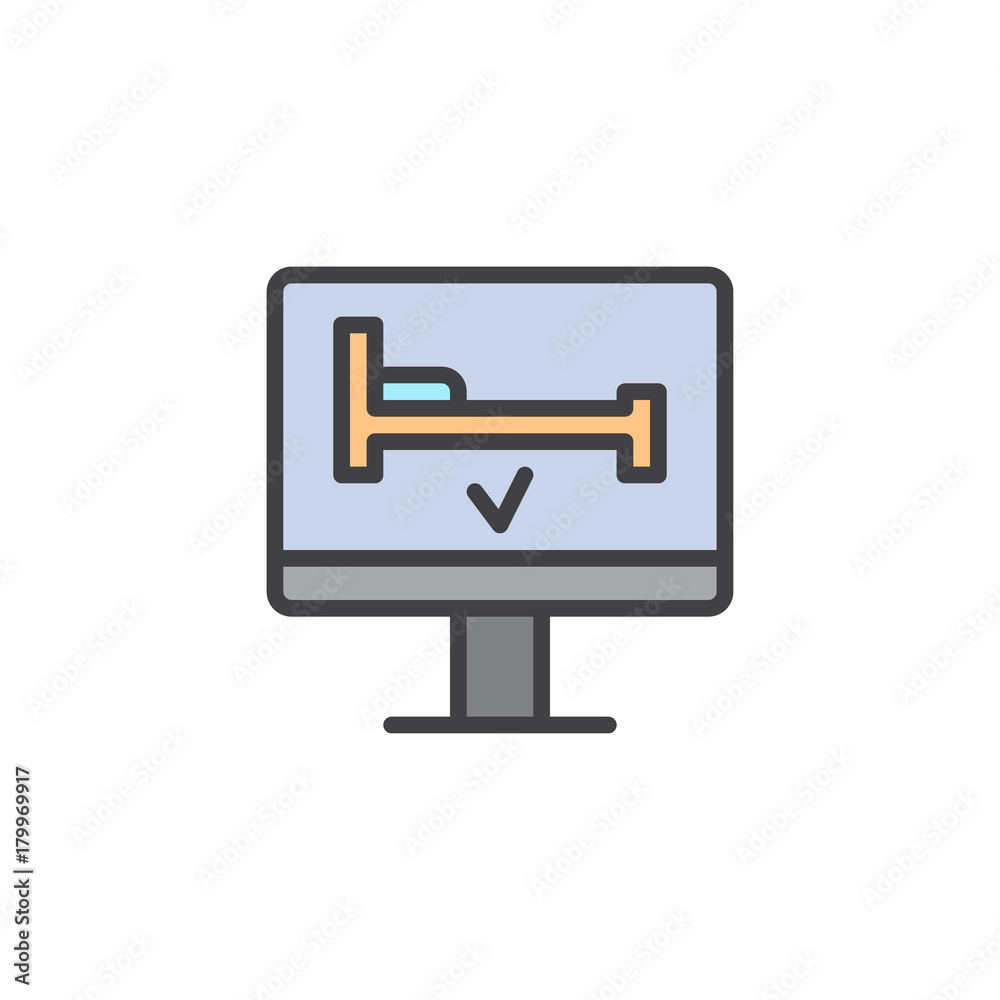 Hotel room online booking filled outline icon, line vector sign, linear colorful pictogram isolated on white. Computer screen with bed symbol, logo illustration. Pixel perfect vector graphics Hotel room online booking filled outline icon, line vector sign, linear colorful pictogram isolated on white. Computer screen with bed symbol, logo illustration. Pixel perfect vector graphics