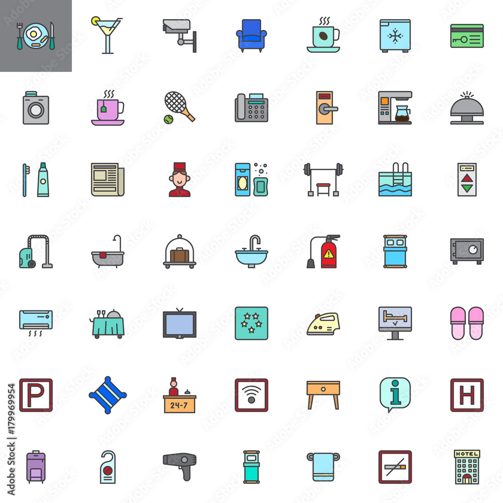 Hotel services and facilities filled outline icons set, line vector symbol collection, linear colorful pictogram pack isolated on white. Signs, logo illustration, web vector graphics