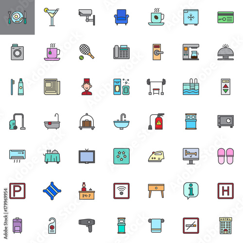 Hotel services and facilities filled outline icons set, line vector symbol collection, linear colorful pictogram pack isolated on white. Signs, logo illustration, web vector graphics