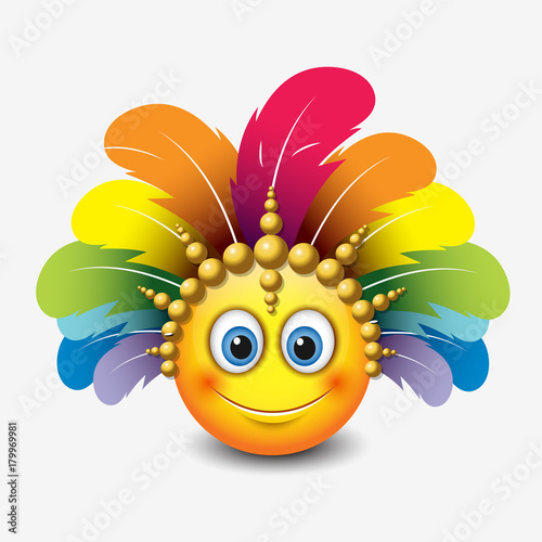 Cute emoticon isolated on white background with carnival headdress motive