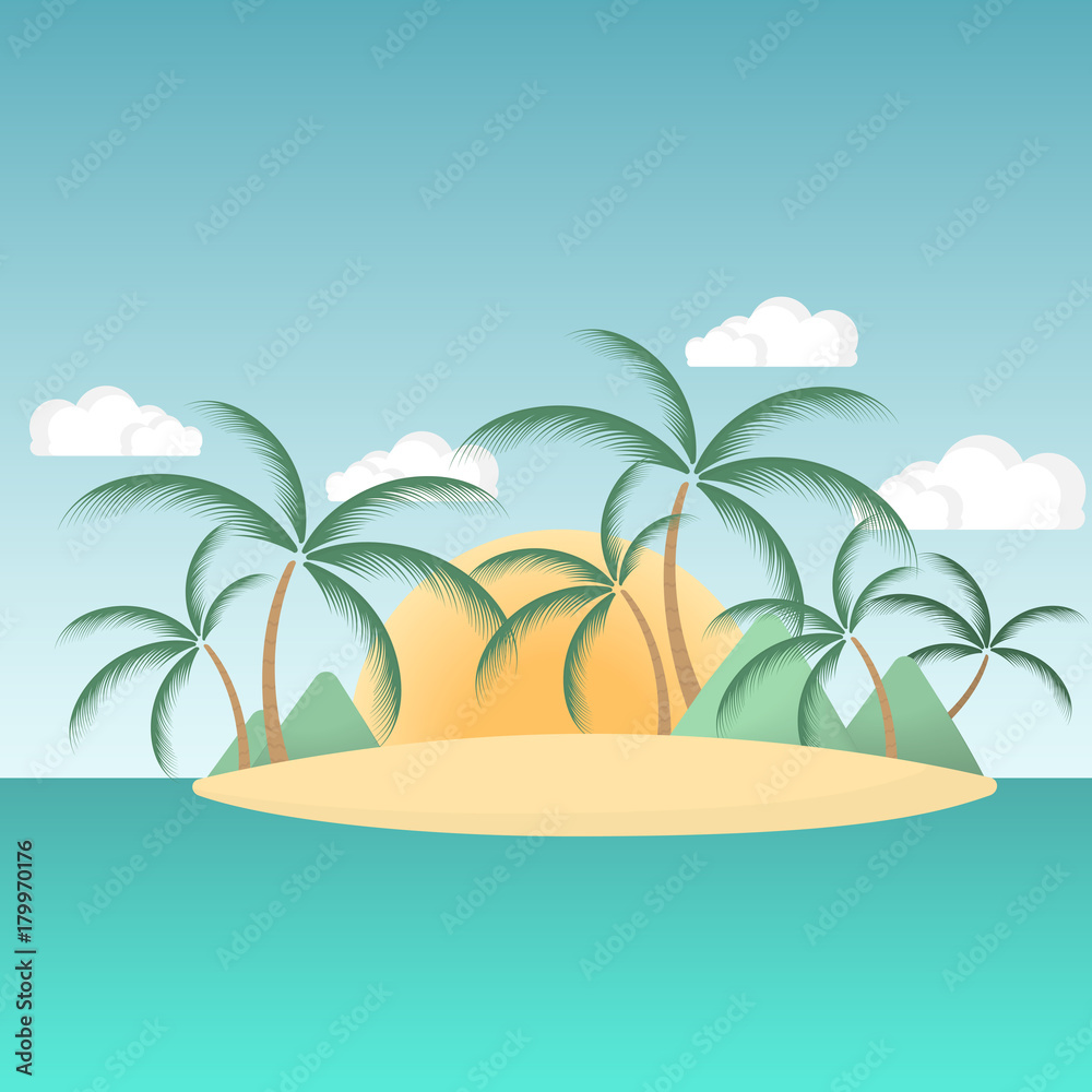 Paradise island in the sea with palm trees and mountains in the background of the rising sun.