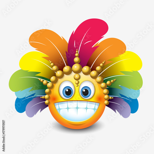 Cute smiling, grinning emoticon showing teeth, wearing carnival headdress, emoji