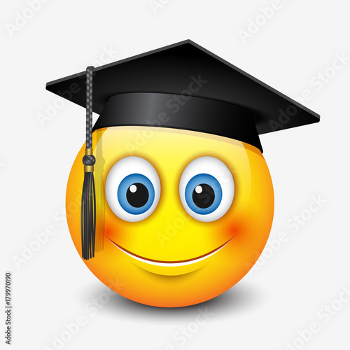 Cute smiling emoticon wearing mortar board, emoji