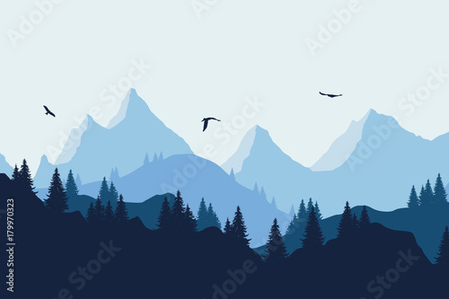 Vector illustration of a mountain landscape with a forest and flying birds